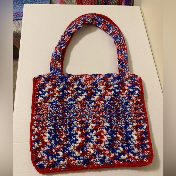 Shoulder Bag Red,White,Blue Mix, Shoulder Bag, handmade, crocheted - Picture 3 of 16